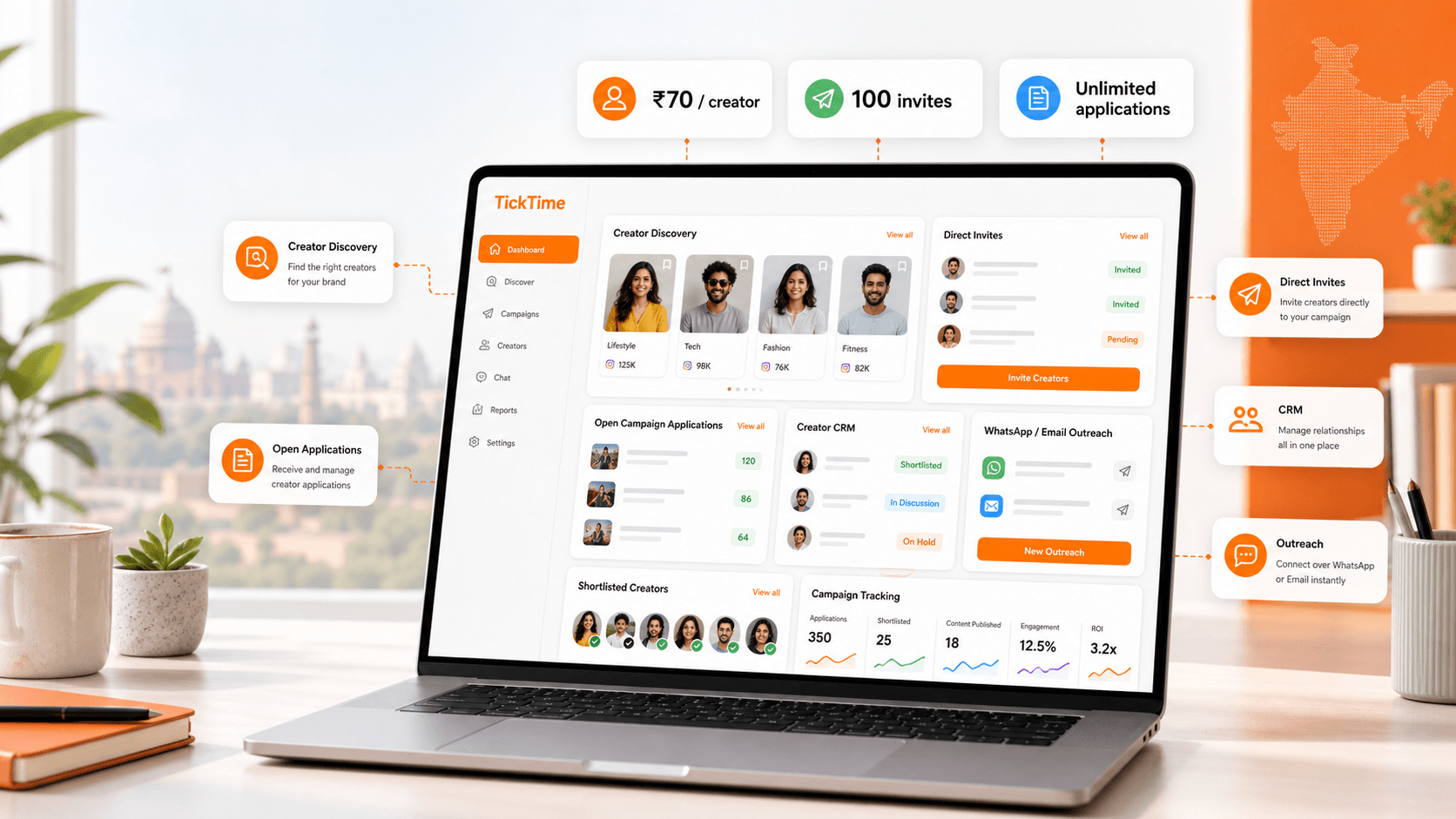 TickTime influencer marketing software dashboard for Indian brands with creator discovery, ₹70 per creator pricing, 100 invites, unlimited applications, CRM, WhatsApp outreach, and campaign tracking